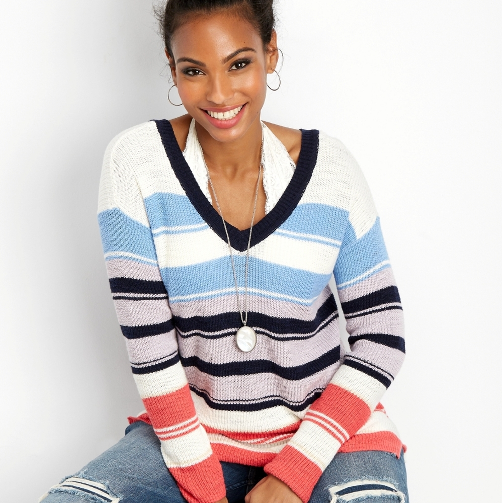 Maurices double vneck striped sweater size medium